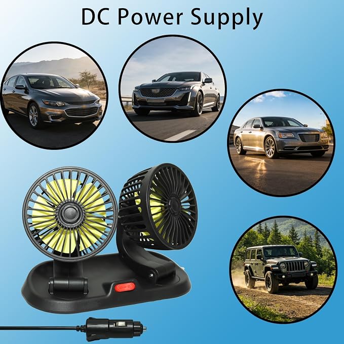 12V Dual Head Car Cooling Fan for Broken AC, 360° Rotatable | Cigarette Lighter Plug, 2-Speed Quiet Brushless. No-Block Dashboard Design. Light Truck, Van, RV, Backseat Passengers. - Image 4