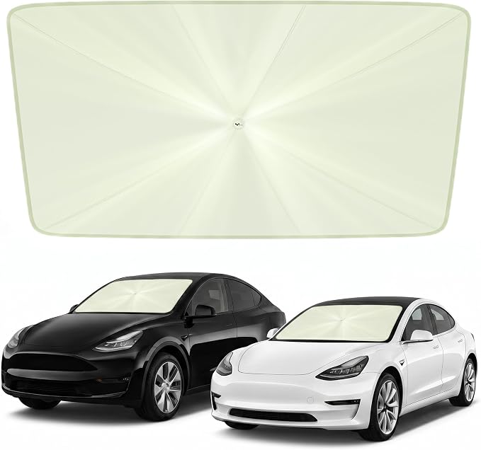 helloleiboo Custom Fit Tesla Model 3/Y Windshield Sun Shade Umbrella | Foldable, 5-Layer Vinyl Coating, Reflective Heat Protection, UV Protection by helloleiboo