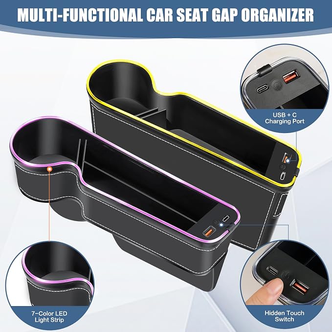 7 Color Led Car Seat Gap Organizer with Type C USB Charging 2 Pack | 56W Cigarette Lighter Adapter,Center Console Seat Gap Filler with Cup Holder,Front Seat Organizer Atmosphere Lamp (Black) - Image 3