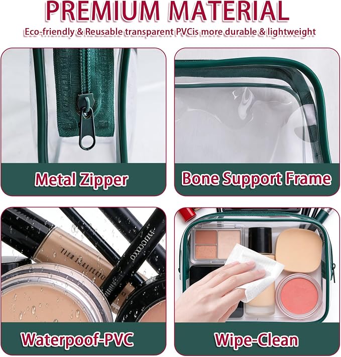 12 Pieces Clear Makeup Bags Bulk, TSA Approved Toiletry Bag Cosmetic Toiletries Pouch with Zipper, Waterproof Vinyl Plastic Organizer Case for Carry-on Travel Essentials (Green Medium) - Image 3
