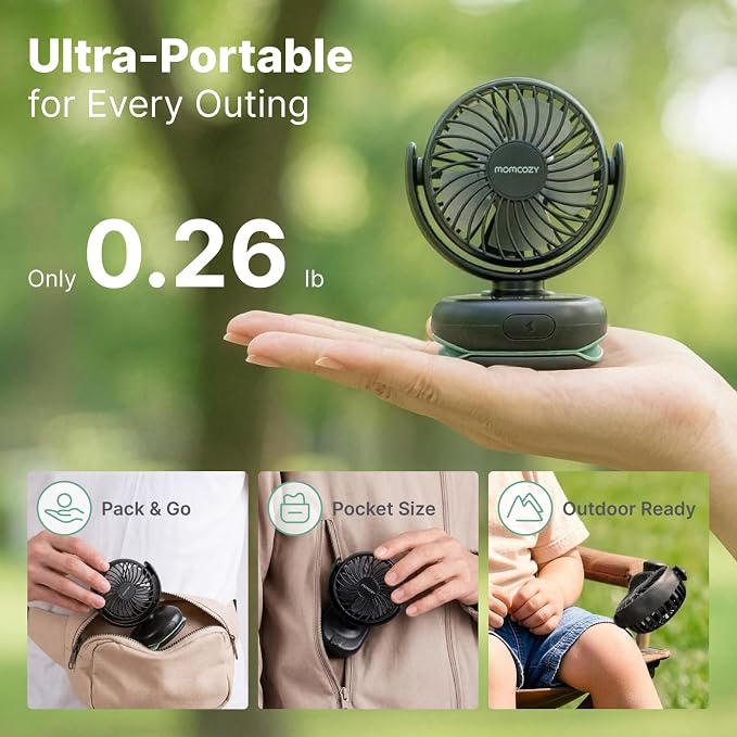 Momcozy Portable Stroller Fan with Clip, 4-Speed Mini Cooling Fan, 0.26 Lb | Ultra-Light Rechargeable Design, Gaps ≤ 4.5 mm, Rotating Handheld Cooling for Carriers, Backpacks and Tables - Image 3