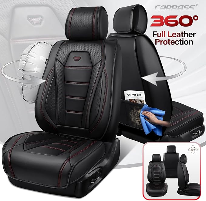 CAR PASS Luxury Nappa Leather Car Seat Covers Front Seats, Waterproof Seat Cover for Cars 2 Seats, Black Car Seat Protector, Automotive Seat Cover Universal Fit for Most Sedans SUV Trucks Black - Image 5