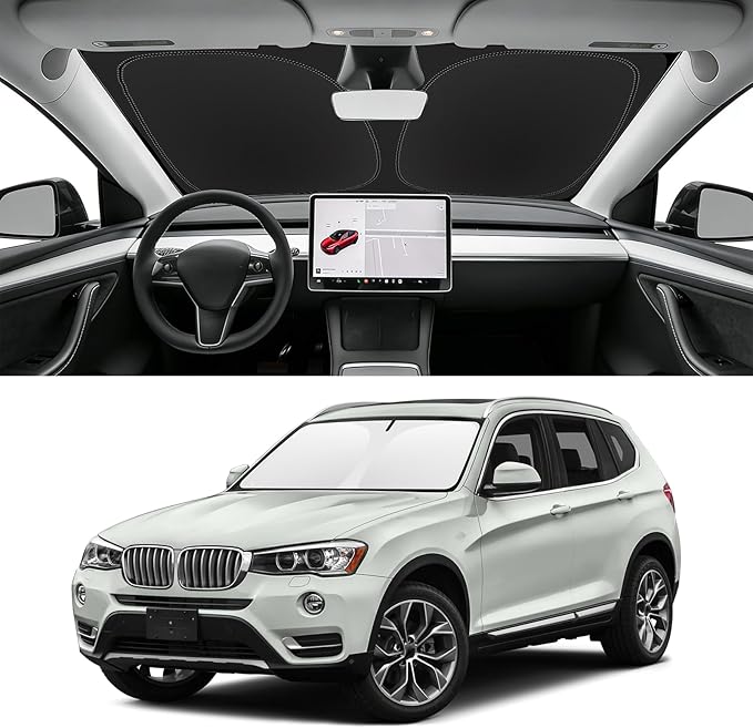 Custom Fit Windshield Sun Shade for BMW X3 2011-2017 | Blocks UV Rays and Sun Heat, Helps Reduce Interior Temperature, Protects Dashboard from Fading, Folds Easily for Storage by SLOGENTO