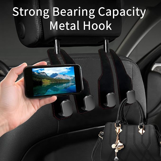 Car Purse Hook, Car Seat Headrest Hooks, Black Leather 4 Pack | Car Purse Holder Hooks, Universal Car Hangers Seat Back Organizer Storage, Double Metal Hooks for Grocery Purses and Bags - Image 3