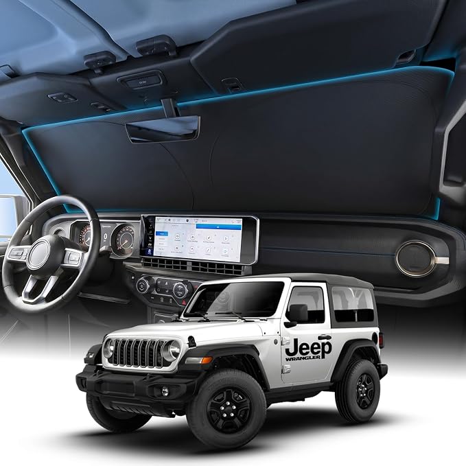 Wigoo for Jeep Wrangler Windshield Sunshade, Custom Fit, Keeps Cool | Custom Fit, Cooling Tech Fabric, Foldable Heat-Blocking Sunshade with Storage Bag, for Jeep Wrangler Accessories by wigoo