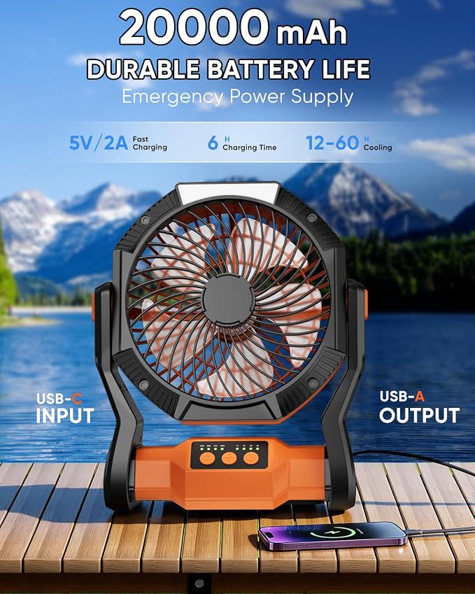 Portable Rechargeable Fan, 20000mAh Battery Powered Camping Fan with LED Light & Hook, 270° Adjustable, 4-Speed, 4H Timer Camping Essentials for Outdoor Tent Travel BBQ Car_Orange - Image 5