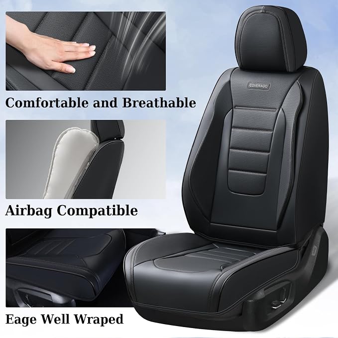 Coverado Car Seat Covers Full Set, Black Car Seat Cover, Seat Covers for Cars, Car Seat Protector, Nappa Leather Car Seat Cushion, Waterproof Car Seat Covers Front Seats and Back Fit for Most Cars - Image 3