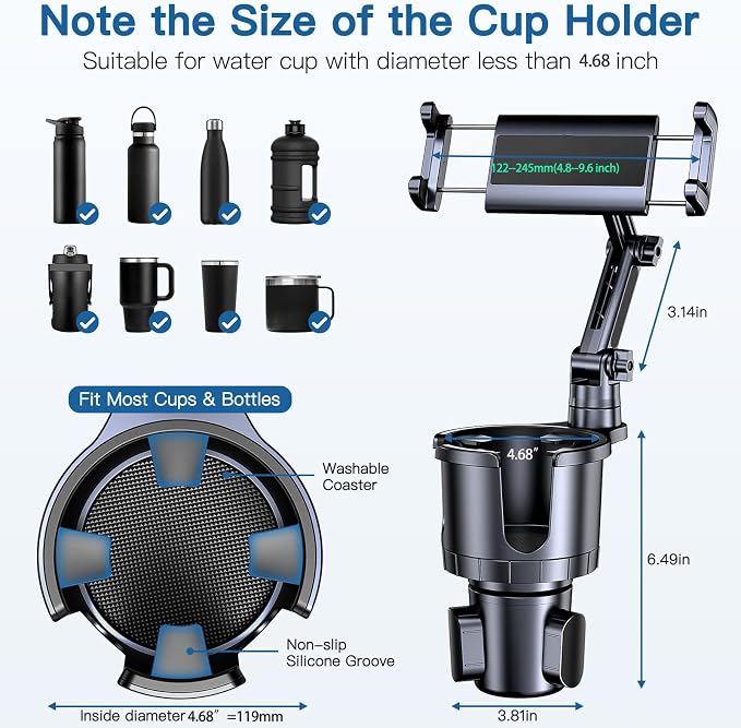 Cup Holder Phone Tablet Mount, 2 in 1 iPad Car Cup Holder with Expander Adjustable Arm for 4.7-10 inches Phone Tablet Mount Compatible for iPad Pro Air Mini, Fire,iPhone 17,Galaxy Phones - Image 5