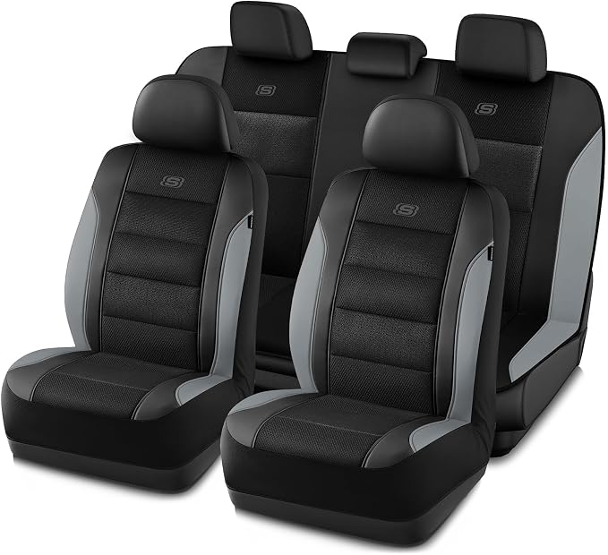 Skechers Aircooled & Memory Foam Seat Covers,Premium Leather with EVA Mesh Car Seat Covers,Seat Cover Full Sets,Airbag Compatible Automotive Comfort for Most Cars, Vans, Trucks, SUV,Grey by Unknown