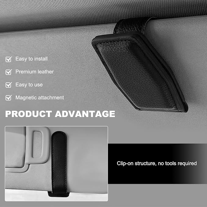 2PCS Sunglasses Holders for Car Sun Visor, Magnetic Leather Auto Visor Glasses Organizer Ticket Card Clip, Universal Eyeglasses Hanger Mounter for Most Cars, Trucks, SUVs (Gray) - Image 4