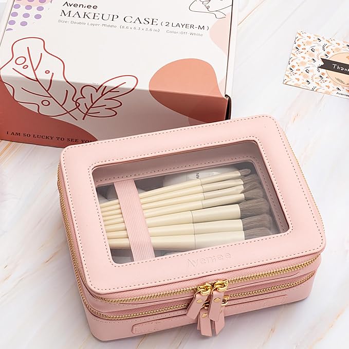 Aveniee XL Clear Makeup Organizer,Double Layer Travel Cosmetic Case with Brush Holder & Zippered Compartments,Big Toiletry Bag for Travel Accessories,2 Layers Large,Pink - Image 3