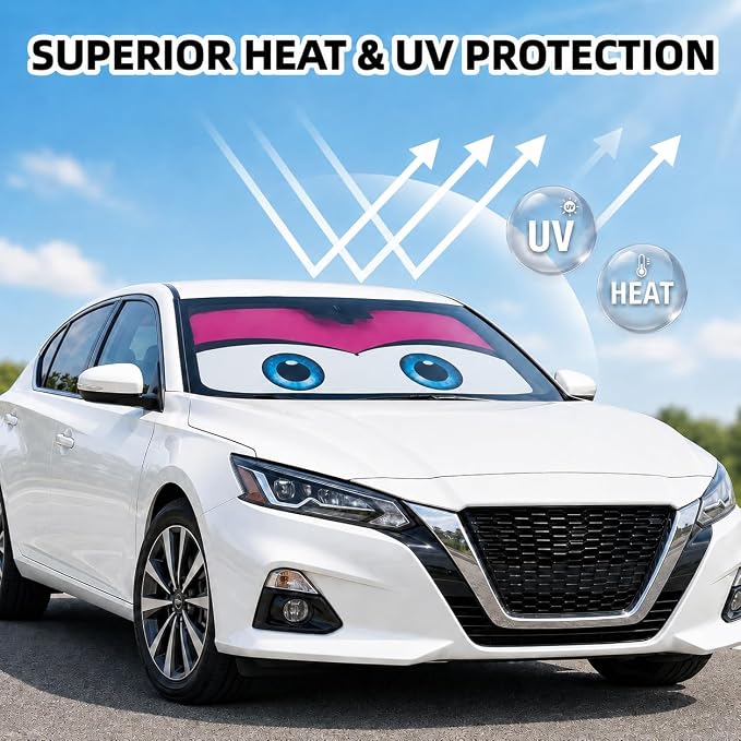 Car Windshield Sun Shade Umbrella, Universal Fit Mid-Large Sedan & SUV | 57 x 31" Car Sun Visor, Foldable UV Heat Blocking Front Window Sunshade, Cute Eyes Series - Image 3