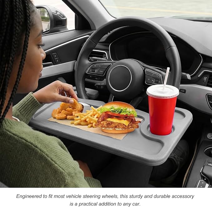 2 in 1 Car Steering Wheel Desk, Multipurpose Auto Table with Cup Holder and Pen Slot, Portable Double Sided Design Steering Wheel Tray for Eating & Work, Car Accessories (Gray) - Image 6