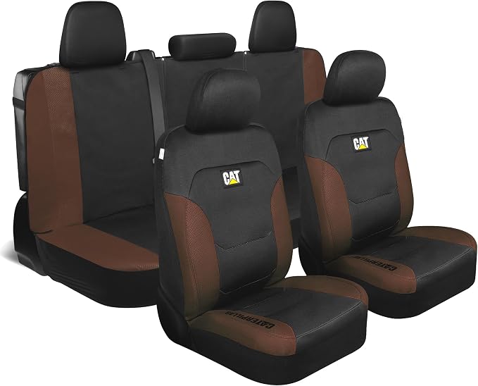 CAT Black & Brown Car Seat Covers Full Set - Front Seat Covers & Rear Bench Seat Cover - Airbag Compatible, 60/40 Split Bench for Mid-Size Trucks & SUVs - Automotive Interior Seat Accessories by Unknown