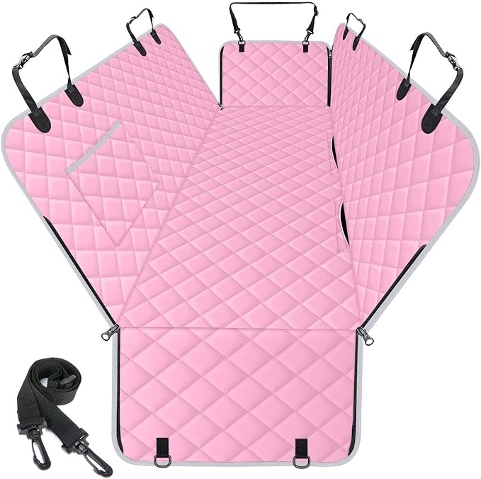 Waterproof Dog Car Seat Cover for Back Seat, Pet Hammock- L, Pink/Grey | Durable waterproof hammock with nonslip design & storage pockets. Protects seats from scratches, fits cars, SUVs & trucks. by NECKORY