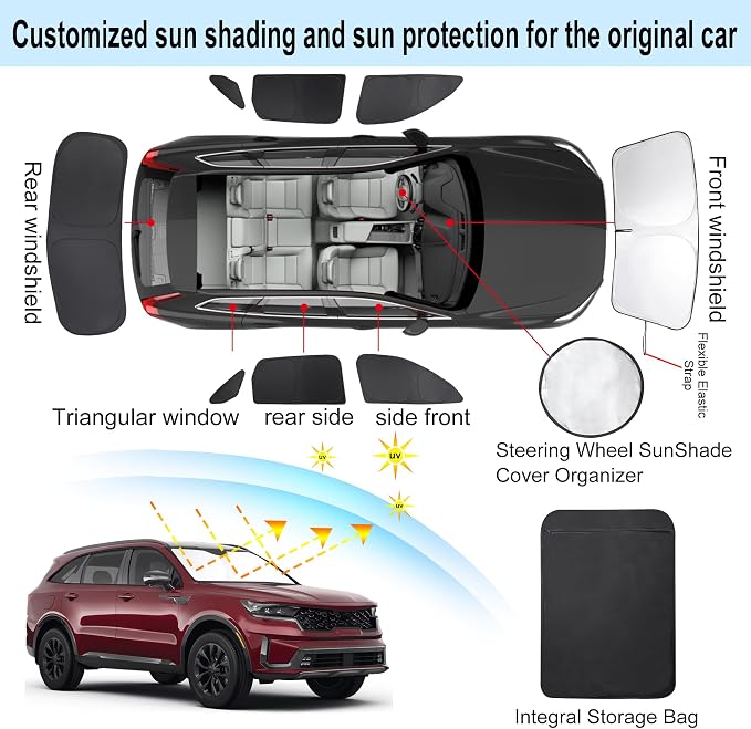 TINGLU Window Shades for Kia Sorento SUV 2021-2025 2026 Accessories Side Full Windows Rear Triangular Windshield Sun Shade Sun UV Rays & Privacy Protection for Camping,Napping,and Relaxing 8PCS - Image 3