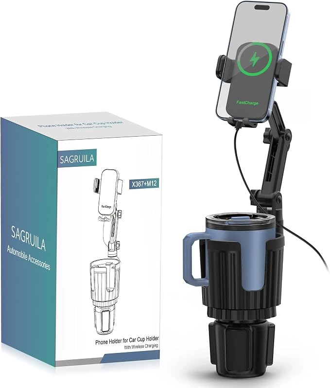 2 in 1 Auto-Clamping Cup Phone Holder for Car, 15W Fast Wireless Charging Cup Holder Phone Mount with USB-C Cable and 12V Car Adapter, Adjustable Car Cup Expander for Large Bottles - Image 9