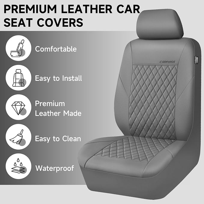 CAR PASS Quilting Faux Leather Seat Covers Full Set, Waterproof Deluxe PU Premium Auto Seat Cover, Breathable Seat Covers Universal Fit for Most Sedan SUV Van Small Truck, Airbag Compatible All Gray - Image 3