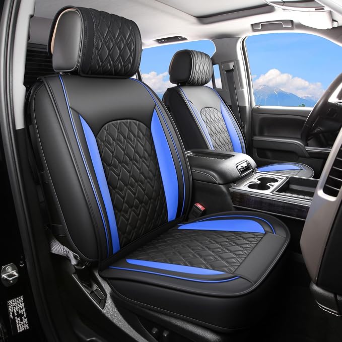Chevy Silverado Seat Covers,Leather Seat Covers for GMC Sierra,Custom Fit 2007-2026 1500 2500HD 3500HD Crew Double Extended Regular Cab,LT LZT RST Trail Boss(Front Pair,Black Blue) by JOJOBAY