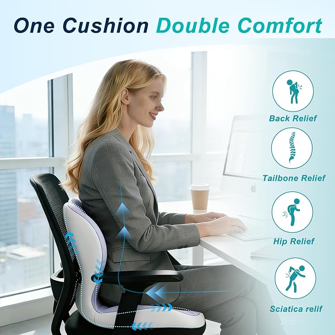Seat Cushion for Office Chair, Ergonomic Cushion with Lumbar Support Pillow | Orthopedic Memory Foam Coccyx Cushion for Tailbone & Sciatica Pain Relief, Ideal For Office Chairs, Car Seats, Wheelchairs - Image 5
