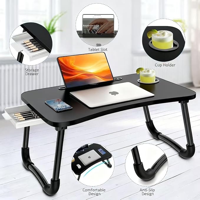 Fayquaze Laptop Desk, Portable Foldable Lap Bed Desk, Laptop Table Tray | Storage Drawer and Cup Holder, Lap Desk Lap Stand Tray Table Floor Table Serving Tray for Eating, Reading and Working - Image 3