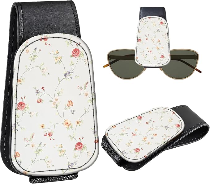 Leather Magnetic Sunglass Holder for Car Sun Visor, Cute Eyeglass Ticket Card Hanger Clip, Universal Auto Interior Accessories for SUV Pickup Truck, Soft Floral by Unknown