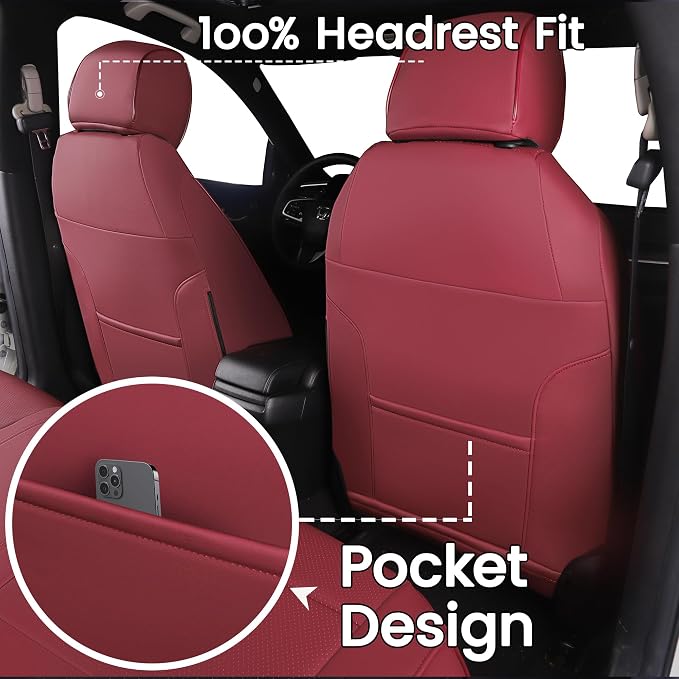 HKZ Custom Fit Civic Seat Covers for Honda Civic Sedan 2016 2017 2018 2019 2020 2021 LX (Not for LX-P)- 5-Seats Leather Full Set,Wine Red - Image 7