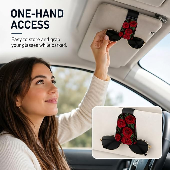 Leather Magnetic Sunglass Holder for Car Sun Visor, Cute Eyeglass Ticket Card Hanger Clip, Universal Auto Interior Accessories for SUV Pickup Truck, Red Rose - Image 2
