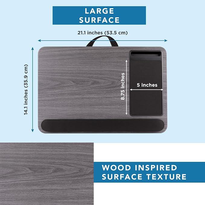 LAPGEAR Home Office Pro Lap Desk - Gray Woodgrain, Fits 15.6” Laptops | Built-In Mouse Pad & Phone Slot, Wide Cushioned Wrist Rest, Dual-Bolster Microbead Cushion, Carry Handle - Image 5