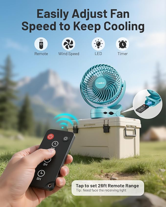 Camping Fan with Remote Control - 12000mAh Rechargeable Battery Powered Fan, Camping Fans for Tents with LED light & Hanging Hook, Rechargeable Battery Operated Ceiling Fans for Tent RV Bed, Blue - Image 4