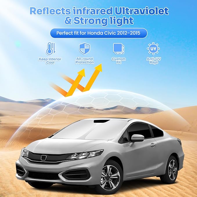 Canvcle Window Shades for 2012-2015 Honda Civic Accessories Windshield Sun Shade Side Rear Window Cover Sunshade Sun Visor Shield Privacy Protection for Camping Keep Vehicle Cool Black 6PCS - Image 2