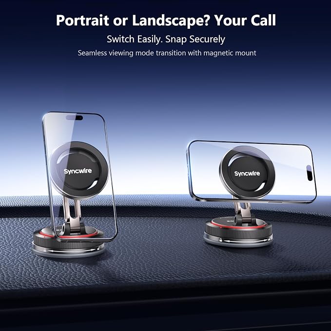 SYNCWIRE for MagSafe Car Mount [2-Axis Design] Nano Adhesive Gel + Suction Cup Magnetic Phone Holder for Dashboard & Windshield, 360° Adjustable for iPhone 17 16 15 14 13 12 11, Samsung, Matte Black - Image 8