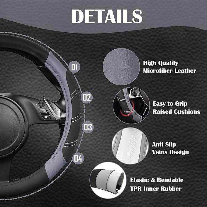 CAR PASS Line Rider Microfiber Leather Sporty Steering Wheel Cover Universal Fits for 95% Truck,SUV,Cars,14.5-15inch Anti-Slip Safety Comfortable Desgin (Black-Gray) - Image 3