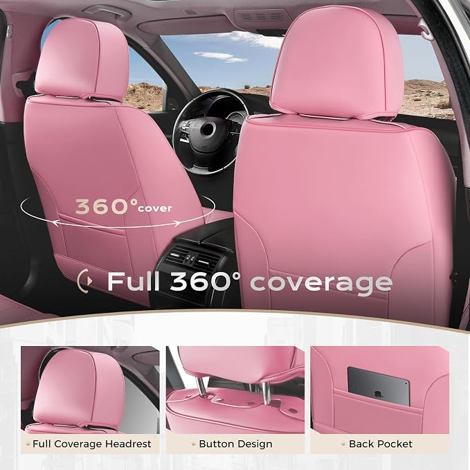 Coverado Car Seat Covers Front Seats, Seat Covers for Cars, Car Seat Protector, 2-Pack Car Seat Cushion Nappa Leather, Waterproof Seat Covers Carseat Cover Universal Fit for Most Cars Trucks(Pink) - Image 4