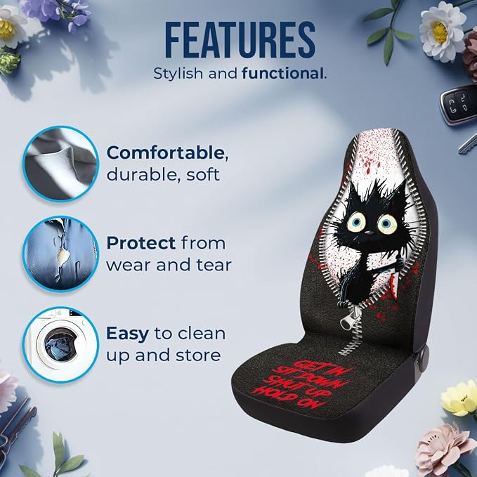 GENANY Horror Black Cat Car Seat Covers, 2-Piece Front Seat Set | 2-piece polyester front seat cover set, each 49.5 x 19.6 inches, with adjustable straps and hooks - Image 6