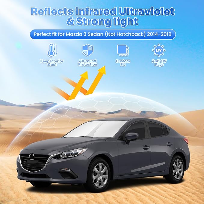 Canvcle Window Shades for 2014-2018 Mazda 3 Mazda3 Sedan (Not Hatchback) Accessories Windshield Sun Shade Side Rear Window Covers Sunshade Sun Visor Shield Privacy Protection for Camping Black 6PCS - Image 2