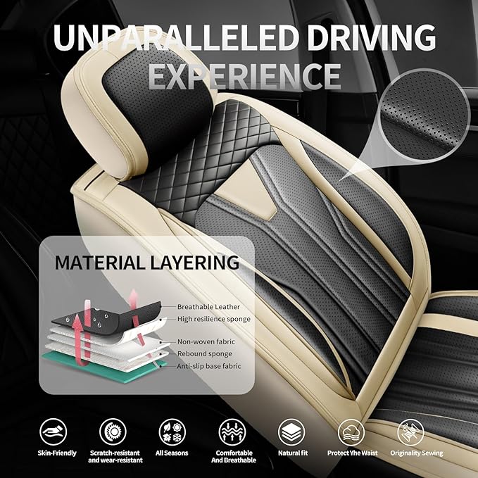 Fit Corolla Premium Leather Car Seat Covers for Toyota Corolla 2000-2025 2026 - Waterproof，Breathable，All-Weather Seat Cushion Protecto & Airbag Compatible, Full Set Beige&Black - Image 2