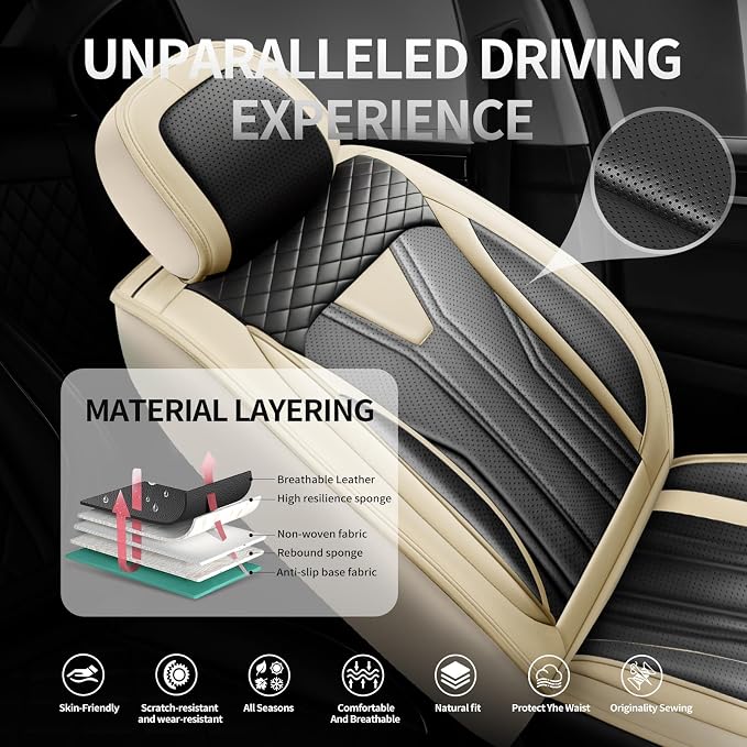 Fit bZ4X Premium Leather Car Seat Covers for Toyota bZ4X 2023-2025 2026 - Waterproof，Breathable，All-Weather Seat Cushion Protecto & Airbag Compatible, Full Set Beige&Black - Image 2