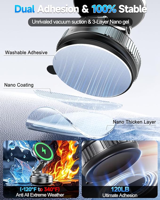 for MagSafe Car Mount Charger, 15W Fast Charging Magnetic Wireless Car Charger, Vacuum Magnetic Phone Holder [120LBS Ultra Suction Cup & 3000gf Magnet ] 780° Dashboard Car Bracket for iPhone & Android - Image 8