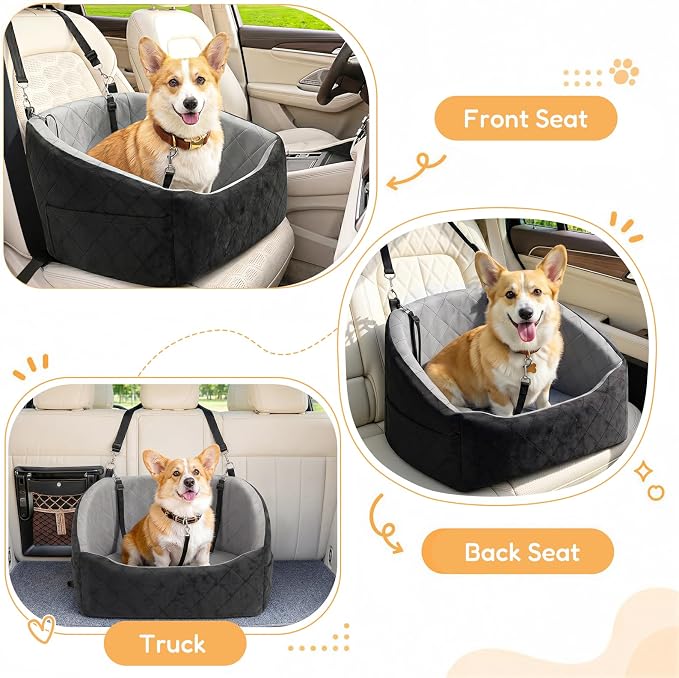 Dog Car Seat for Small Dogs Up to 30 Lbs, Pet Travel Safety Bed for Puppy Cat, Fits in Front/Back Seat, Anti Slip Base, Fully Detachable Washable with 2 Safety Tether(Light Gray-Black) - Image 5