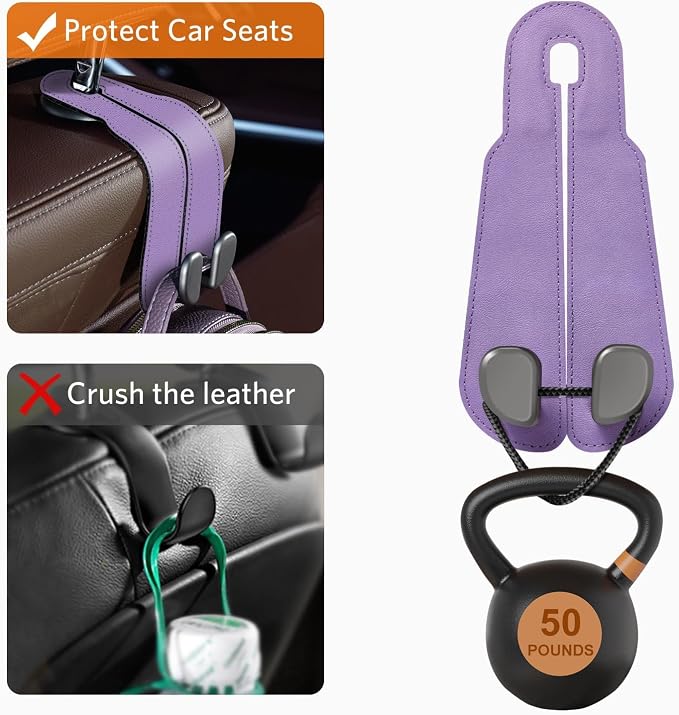 CoBak Purse Hook for Car - Universal Premium Stitched Leather and Aluminum-Magnesium Alloy Double Car Seat Back Storage Hook for Purses, Handbags, Bags (2 Pack),Amethyst Purple - Image 5