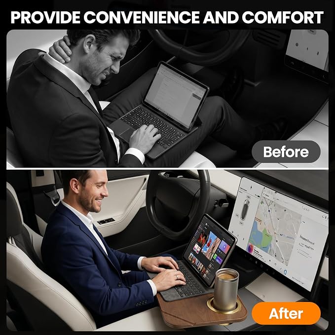 360° Adjustable Tesla Table: Car Tray Holds 2 Laptops (8kg) - 90% Less Shake on Rough Roads - Tool-Free 3s Setup - Solid Wood Platform - With cup holder - car desk for laptop - Image 3