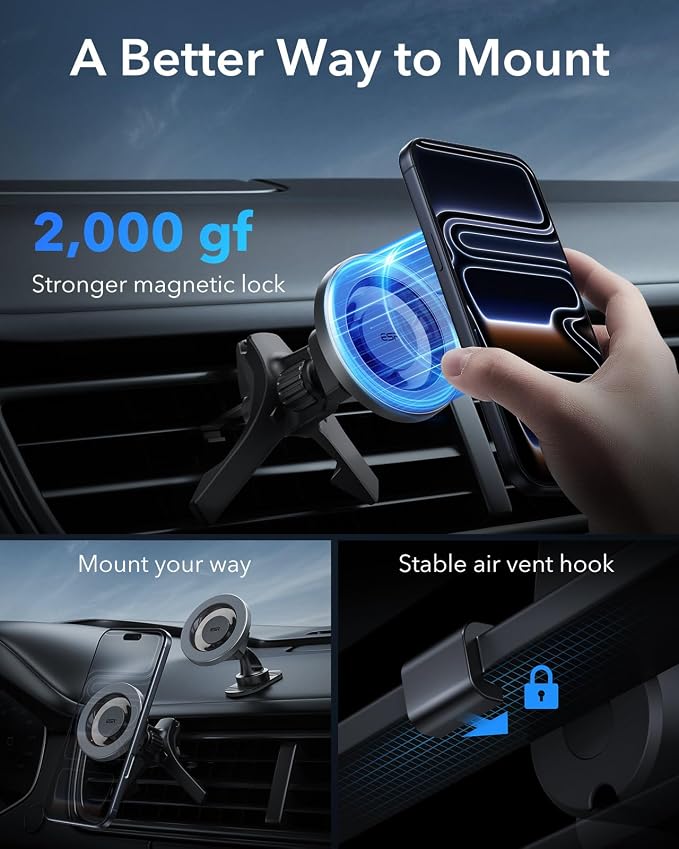 ESR for MagSafe Car Mount, Car Phone Holder for iPhone 17-12,Samsung/Google | Magnetic Phone Holder for Air Vent/Dashboard, for All Smartphones(2 Metal Rings Included), Charging Not Supported, Black - Image 2