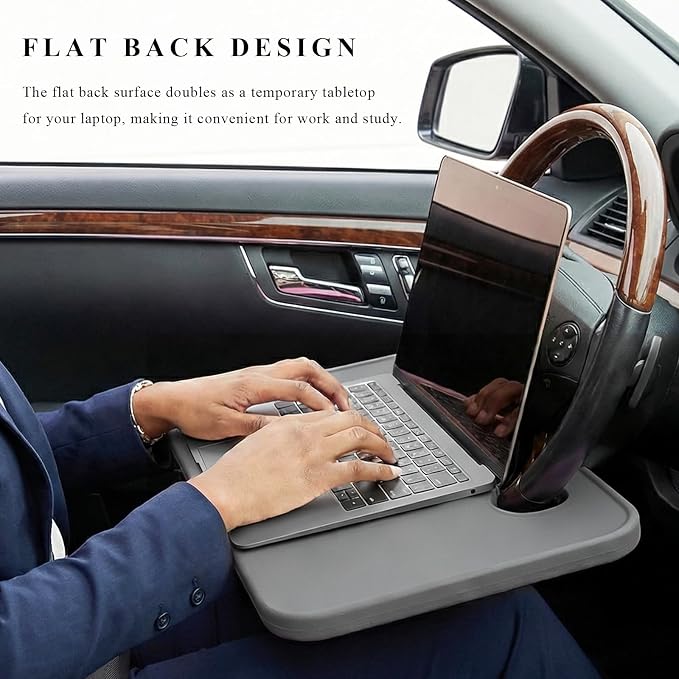 Car Steering Wheel Desk, 2 in 1 Multipurpose Auto Seat Stand Tray for Food Drink Laptop, Portable Double Sided Vehicle Steering Wheel Table for Eating & Work, Car Accessories (Gray) - Image 3