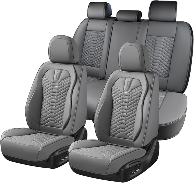Coverado Car Seat Covers Full Set, Nappa Leather Seat Covers for Cars, 5 Seats Universal Waterproof Seat Covers, Front and Back Car Seat Protector, Automotive Seat Covers Fit for Most Cars, Gray by COVERADOAUTO