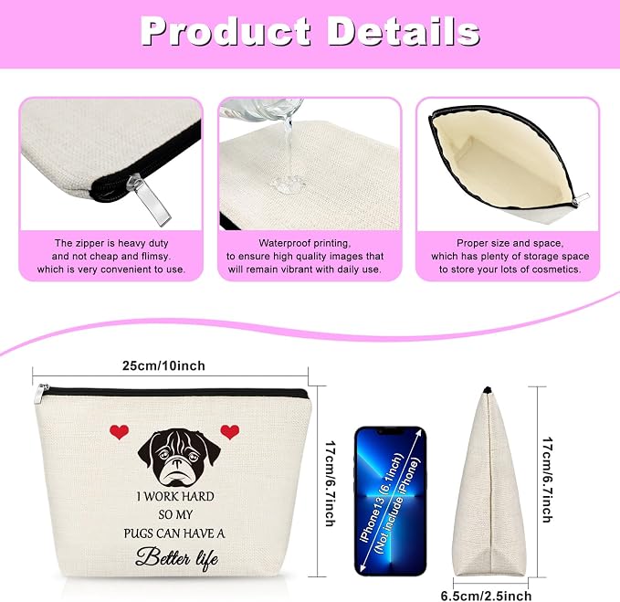 Pug Gifts Makeup Bag Pugs Lover Gifts Dog Lover Gift Cosmetic Bag Christmas Birthday Gift For Pugs Lovers Pug Mom Owner Pet Make Up Bag Themed Travel Pouch - Image 2