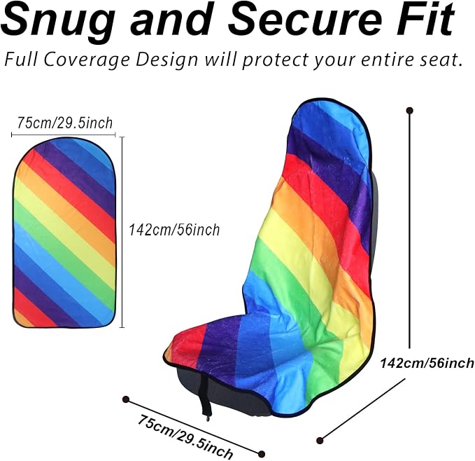 Sweat Towel Car Seat Cover Protector Front Seats for Gym Workout, Running, Swimming, Beach and Hiking, Waterproof Universal Seat Cover for Car, Trucks, Van & SUV (1, Rainbow, Front) - Image 2