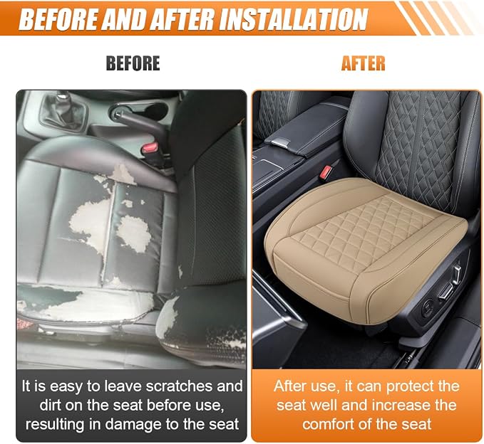 Luxury Faux Leather Car Seat Cover, Car Seats Cushion, Beige | Anti-Slip Waterproof Universal Front Bottom Seat Protector with Storage Pocket for Sedans, SUVs, Trucks, Triangular Pattern - Image 5