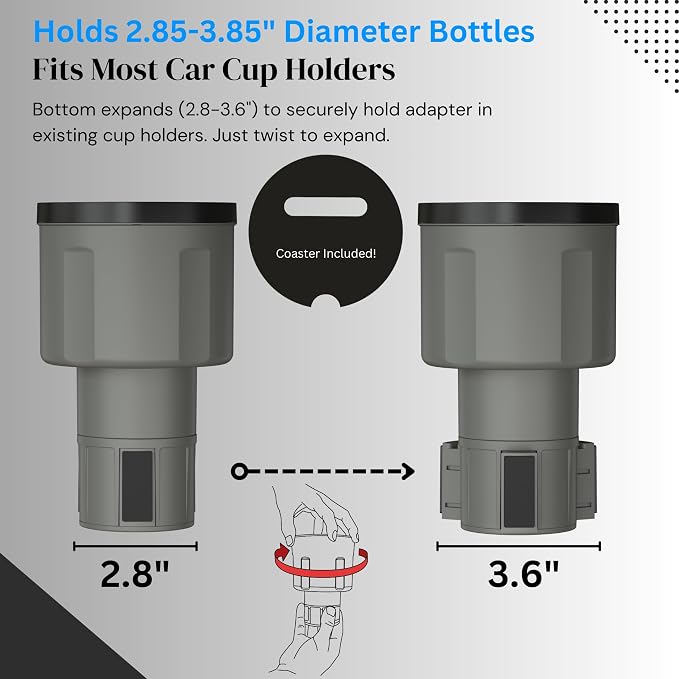 Car Cup Holder Expander Adapter for Large Water Bottles - [Patented & Upgraded] - Holds: Hydro-Flask, Yeti, Nalgene, Owala, 32-40oz - Adjustable Expandable Insert Extender - Universal (Gray) - Image 4