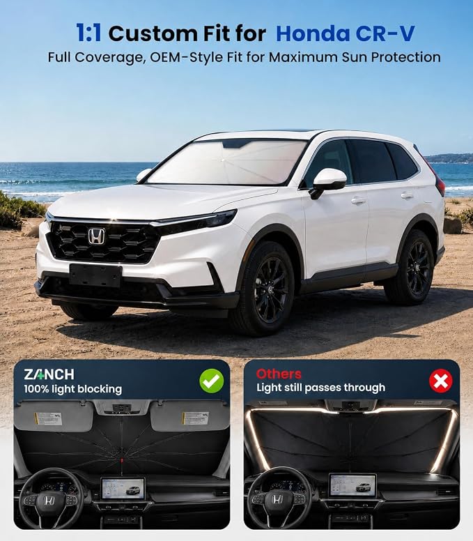 Zanch Windshield Sun Shade Umbrella: 1:1 Custom Fit for Honda CR-V (2000-2026) [99% UV Protection, Up to 75℉ Cooler] Reflective Heat Shield, No Gaps & No Scratches, Foldable Front Sunshade Umbrella - Image 2